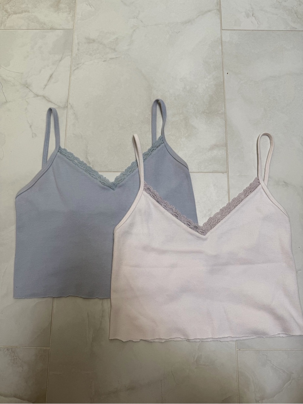 Pair of Brandy Melville Lace-Trim Cami Tops in Light Blue and White